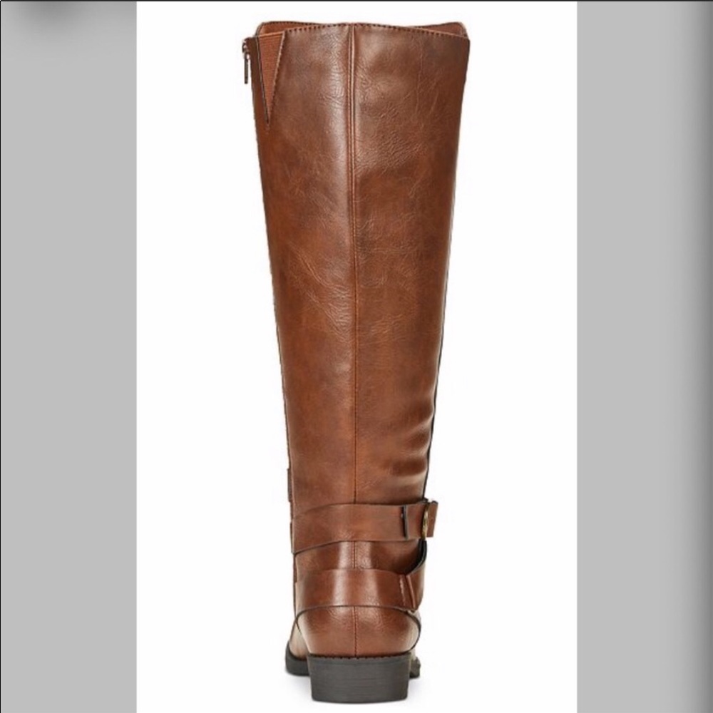 Brown Tall Vegan Leather Riding Boots w Buckle - Picture 3 of 8